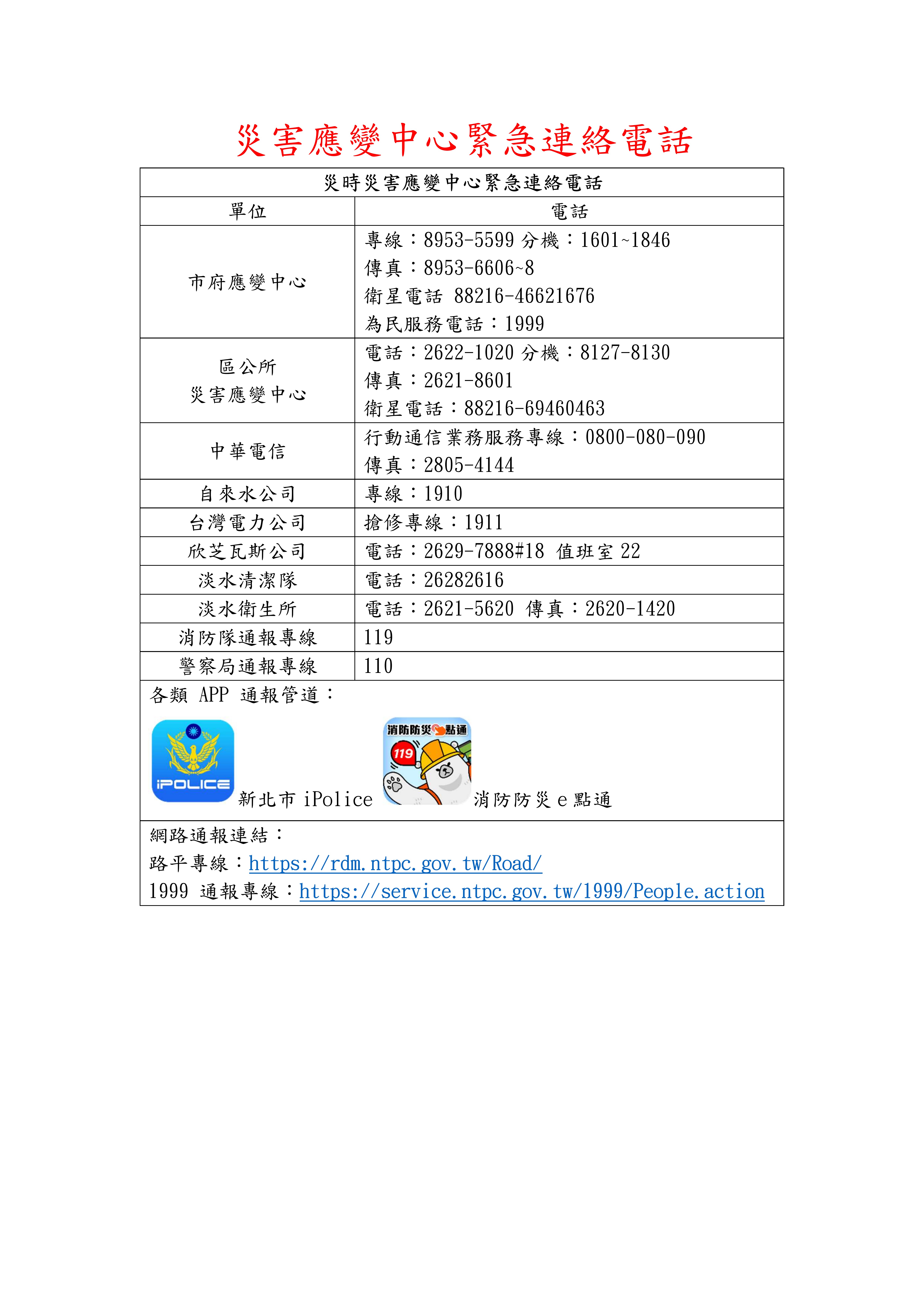 災時災害應變中心緊急連絡電話