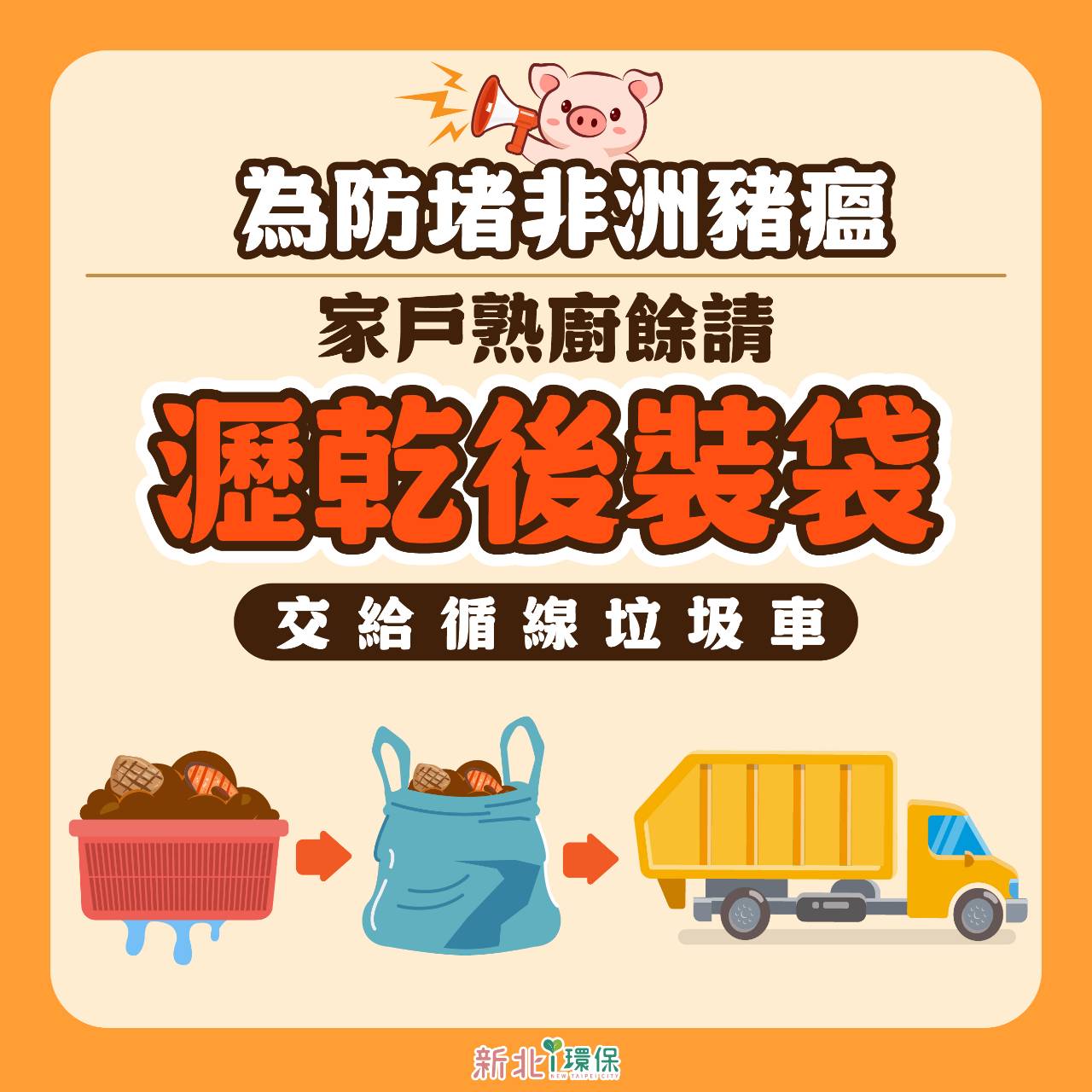 為防堵非洲豬瘟.家戶熟廚餘請瀝乾後裝袋