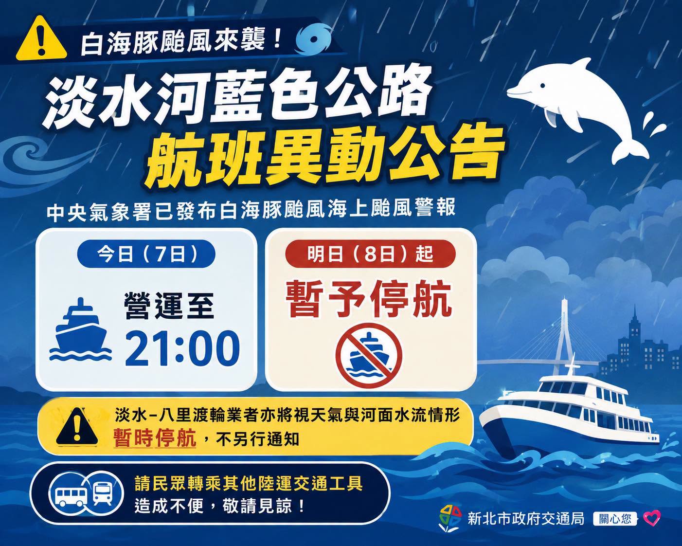白海豚颱風來襲｜淡水河藍色公路航班異動
